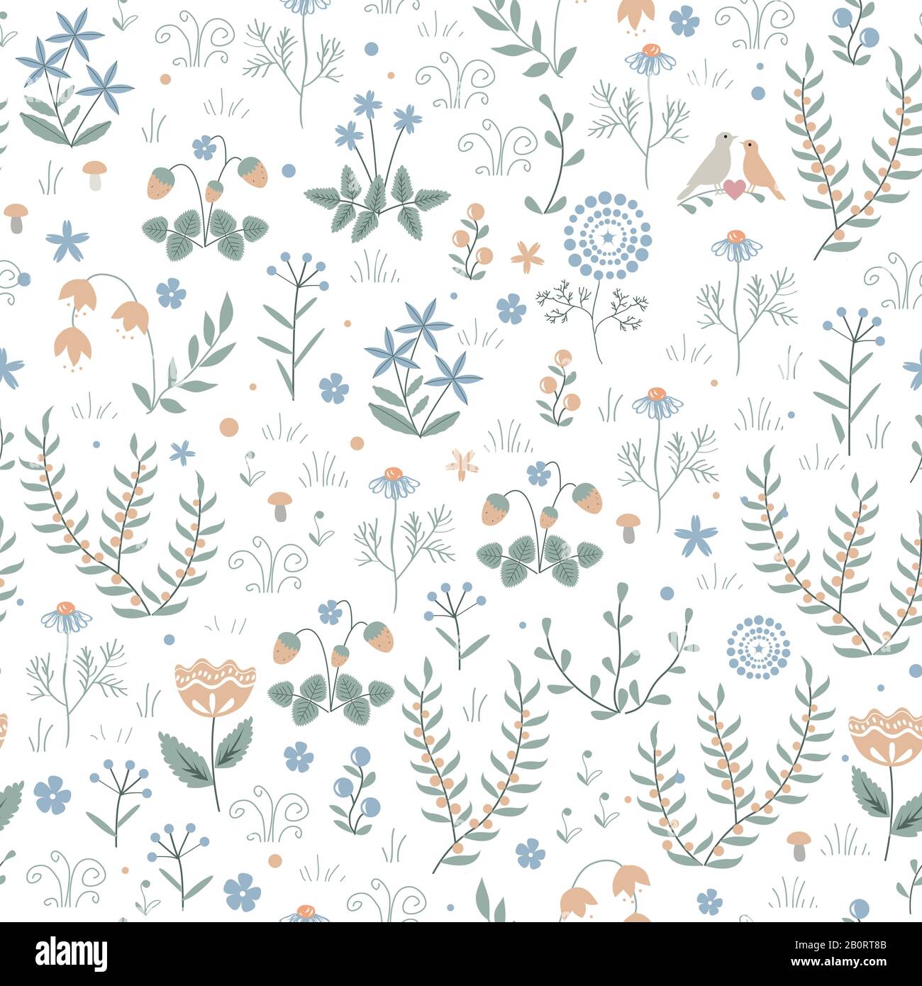 Vector floral seamless pattern with meadow plants, flowers and birds, doodle scandinavian background Stock Vector