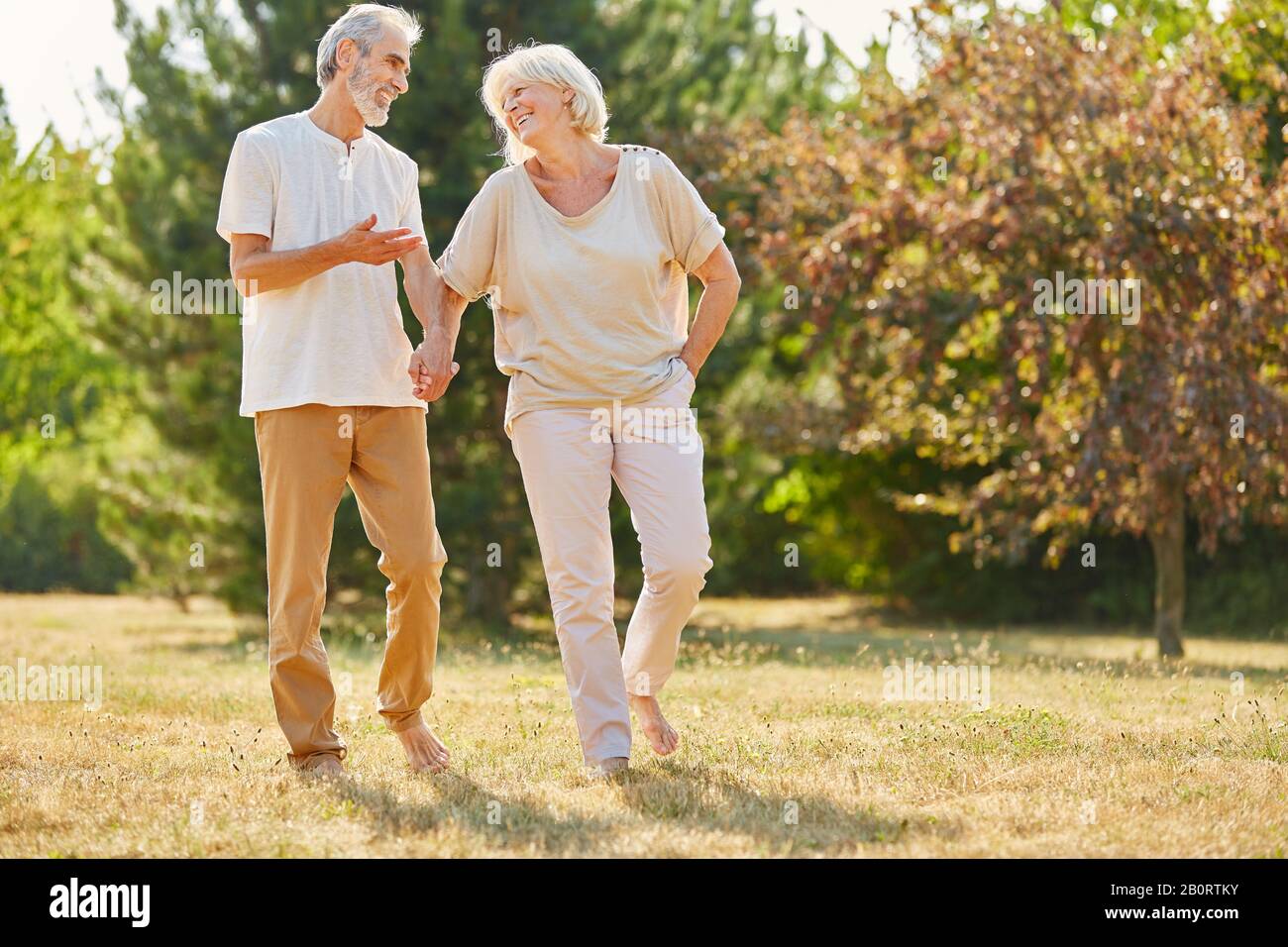 Happy couple of seniors taking a walk in nature in summer Stock Photo