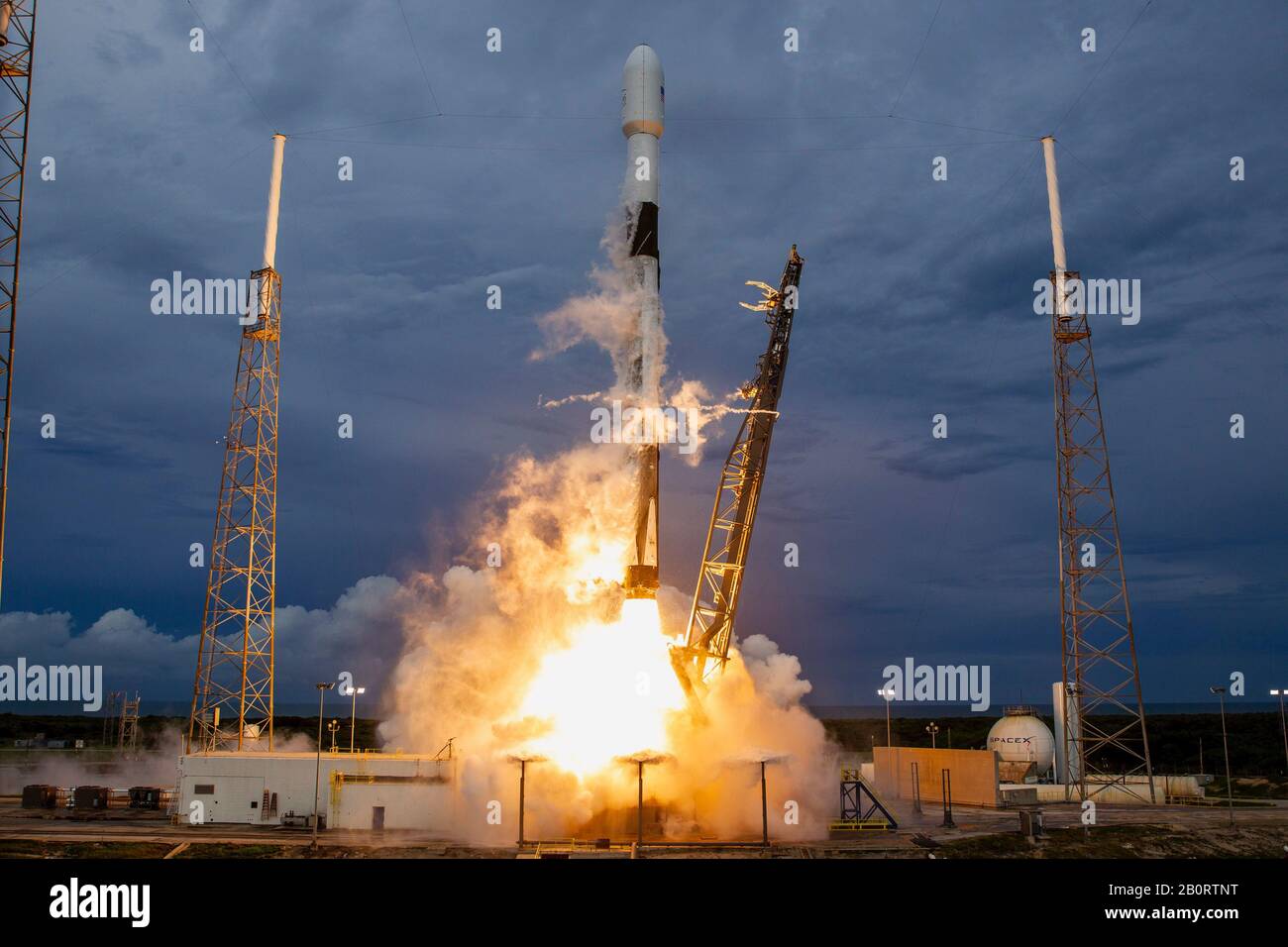 CAPE CANAVERAL, USA - 06 Aug 2019 - A SpaceX Falcon 9 rocket launches off into space with the AMOS-17 satellite from Cape Canaveral, Florida, USA. The Stock Photo