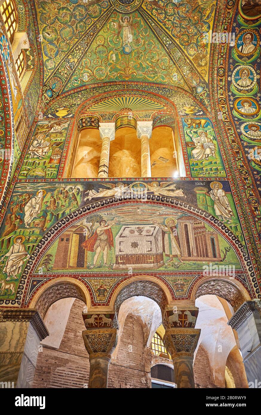 Mosaic depicting Abel making sacrifice. Byzantine Roman mosaics of the Basilica of San Vitale in Ravenna, Italy. Mosaic decoration paid for by Emperor Stock Photo