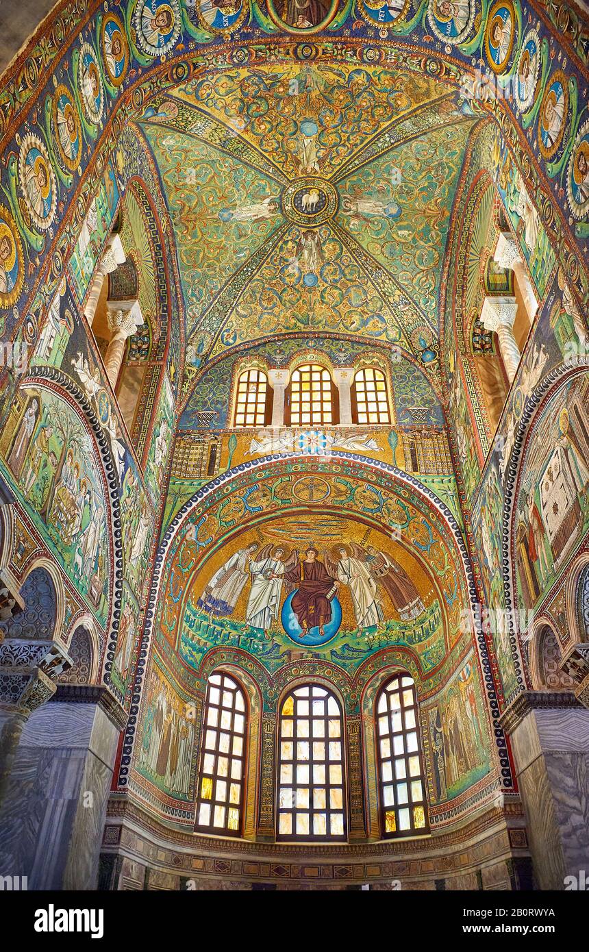 Byzantine Roman mosaics of the Apse of the Basilica of San Vitale in Ravenna, Italy. Mosaic decoration paid for by Emperor Justinian I in 547. A UNESC Stock Photo