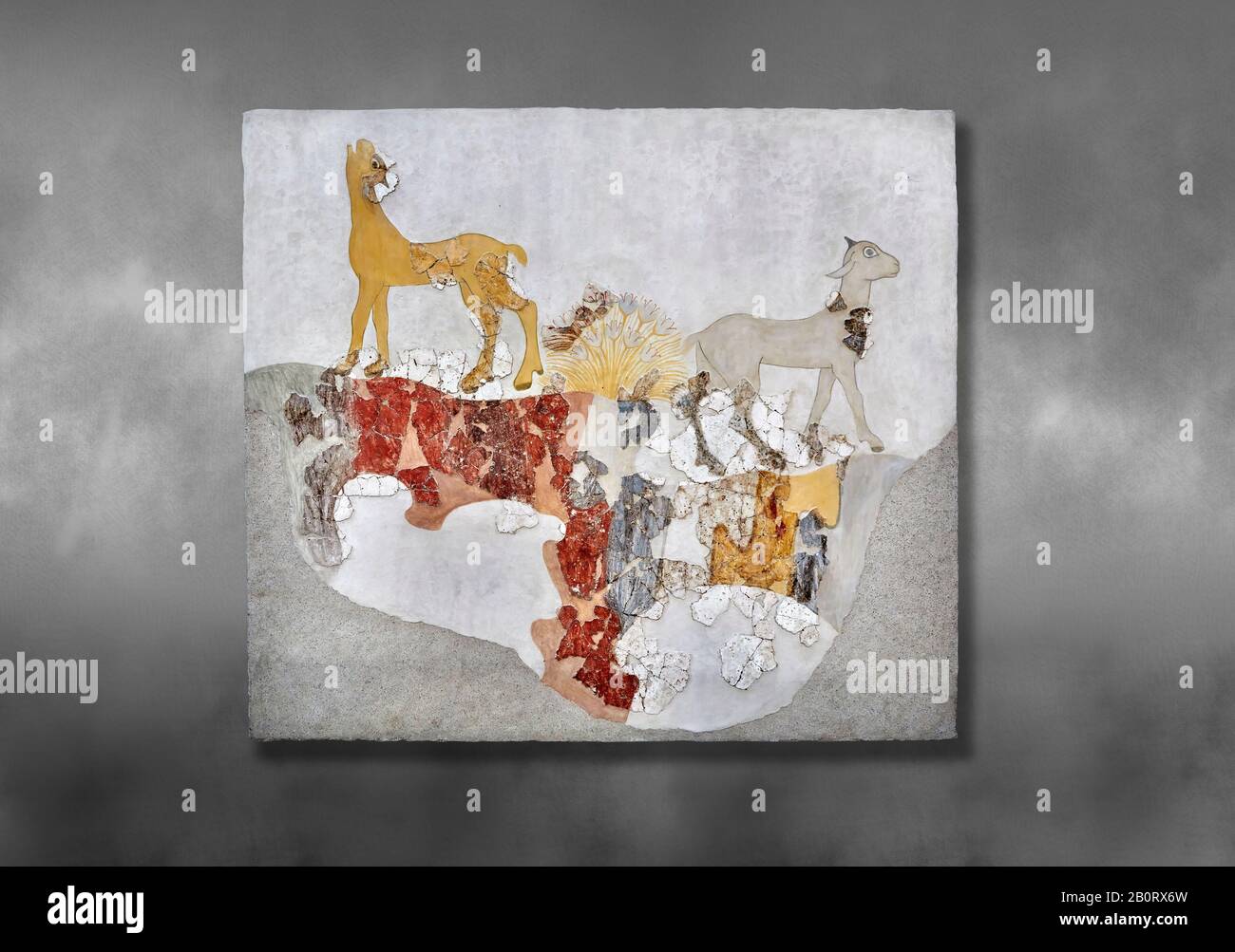 Fragment of Minoan style wall painting fresco with quadroped animals, Mature Cycladic I period 17th cent BC, Thera Prehistoric Museum. INV 346. Agains Stock Photo