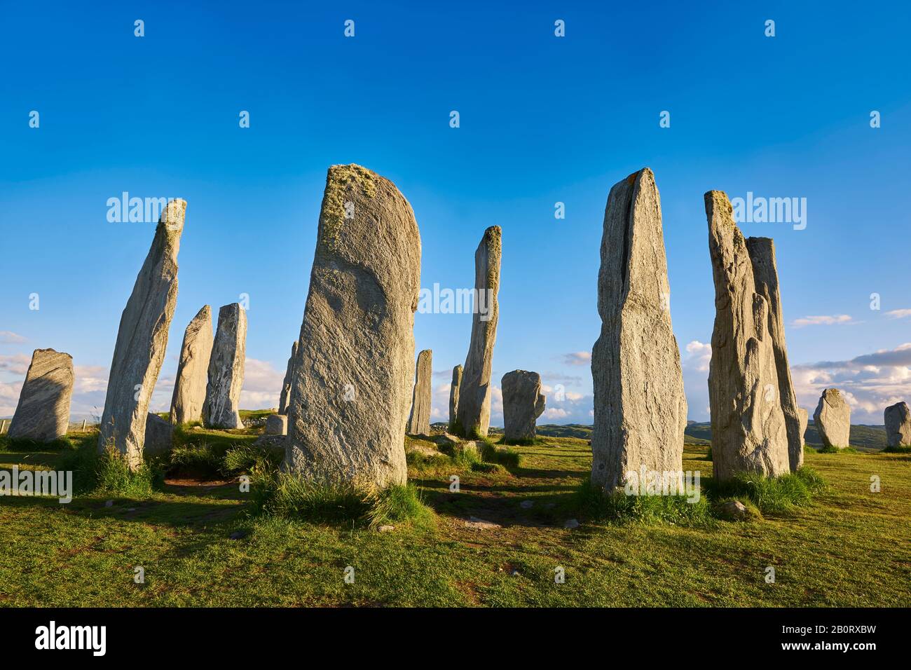Calanais Standing Stones  central stone circle erected between 2900-2600BC measuring 11 metres wide. At the centre of the ring stands a huge monolith Stock Photo
