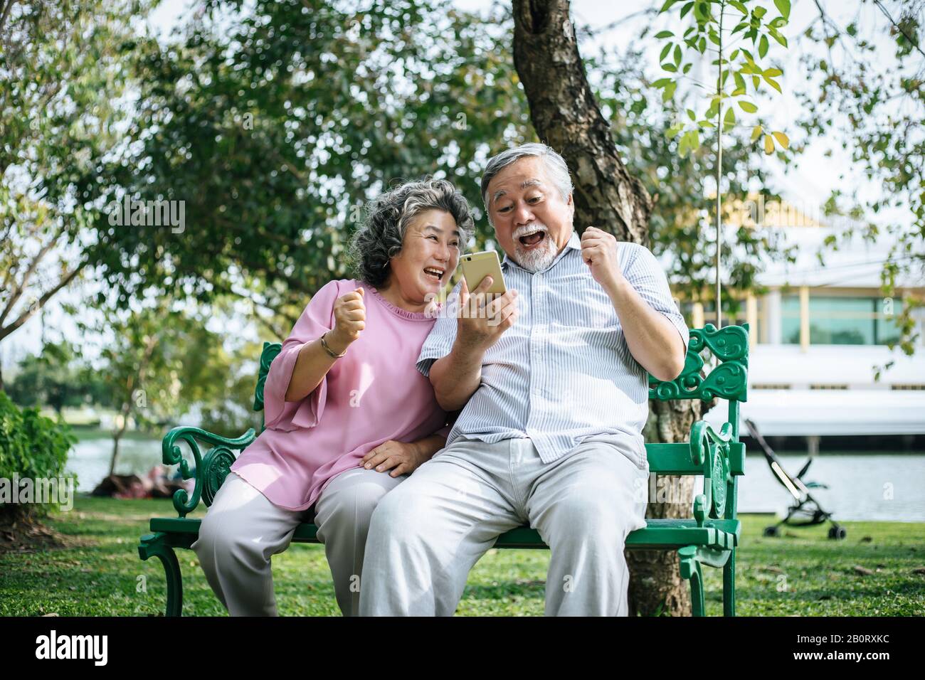 Senior couple taking a selfie photo with smart phone in a park Stock ...