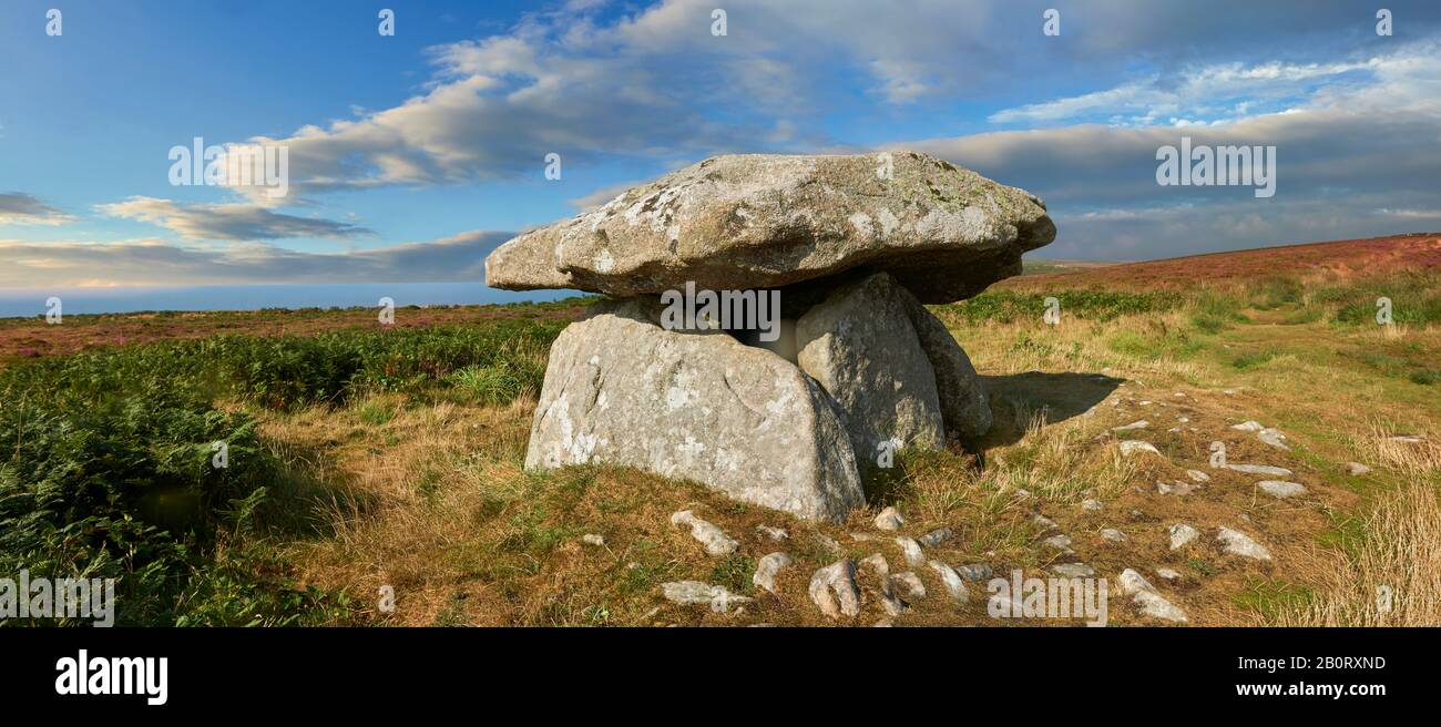 Chun or Chûn, Quoit is a megalithic burial dolmen from the Neolithic period, circa 2400 BC, near Morvah on the Chun Nature Reserve, Penwith peninsula, Stock Photo