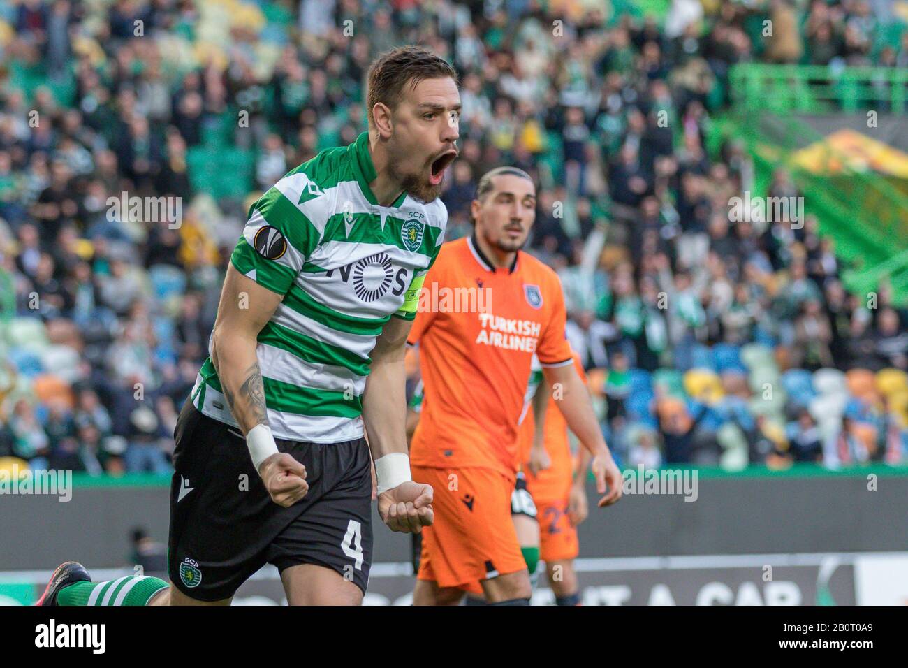 Lisbon, Portugal. 20th Feb, 2020. February 20, 2020. Lisbon, Portugal. Sporting's defender from Uruguay Sebastian Coates (4) celebrating after scoring a goal during the game of the UEFA Europa League, Sporting CP vs Istanbul Basaksehir Credit: Alexandre de Sousa/Alamy Live News Stock Photo