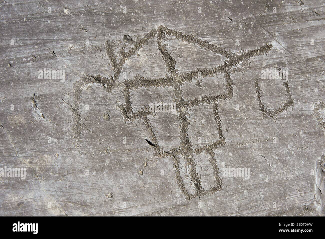 Petroglyph, rock carving, of two feet outlines. Carved by the ancient Camunni people in the iron age between 1000-1600 BC. Rock no 24,  Foppi di Nadro Stock Photo