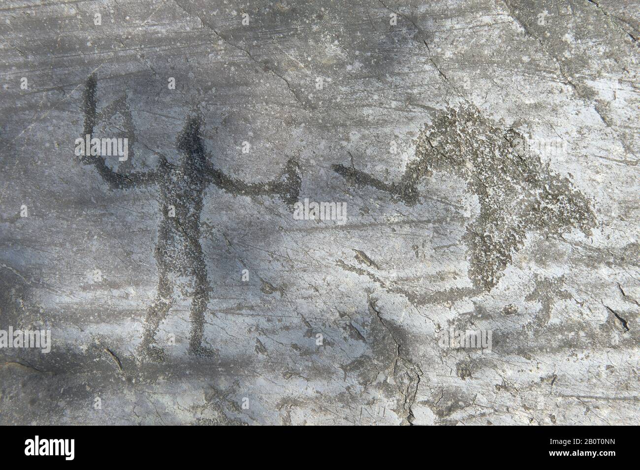 Petroglyph, rock carving, of two feet outlines. Carved by the ancient Camunni people in the iron age between 1000-1600 BC. Rock no 24,  Foppi di Nadro Stock Photo