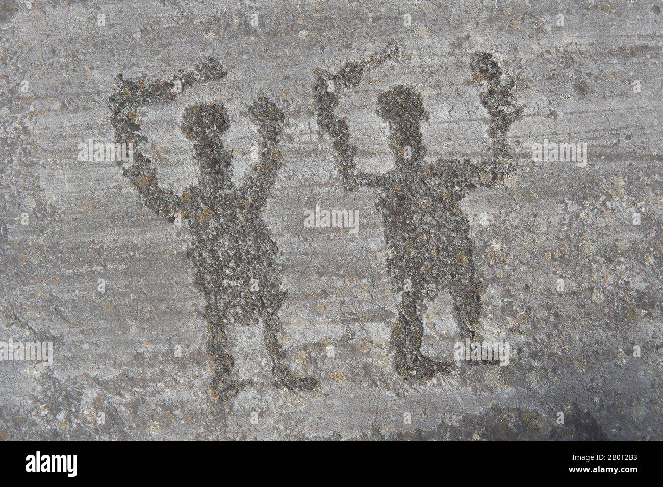 Petroglyph, rock carving, of two warriors with swords  carved by the ancient Camuni people in the iron age between  900-1200 BC. Rock 26-27, Foppi di Stock Photo