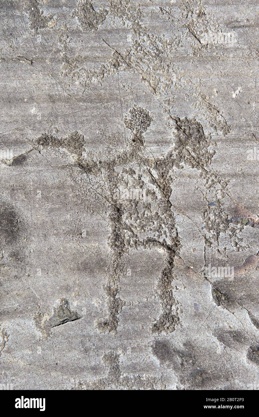 Petroglyph, rock carving, of two feet outlines. Carved by the ancient Camunni people in the iron age between 1000-1200 BC. Rock no 24, Foppi di Nadro, Stock Photo