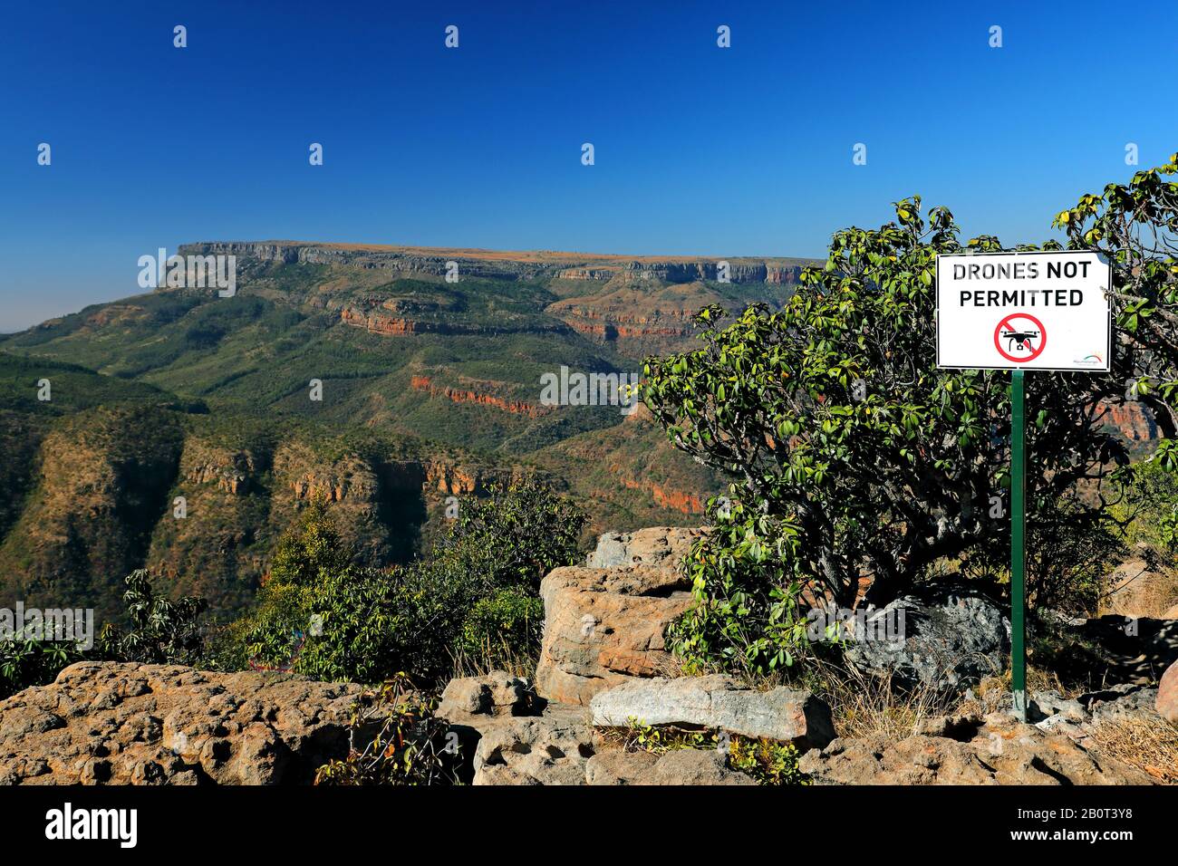 drone prohibition sign in the Blyde River Canyon Nature Reserve, South Africa, Blyde River Canyon Nature Reserve, Graskop Stock Photo