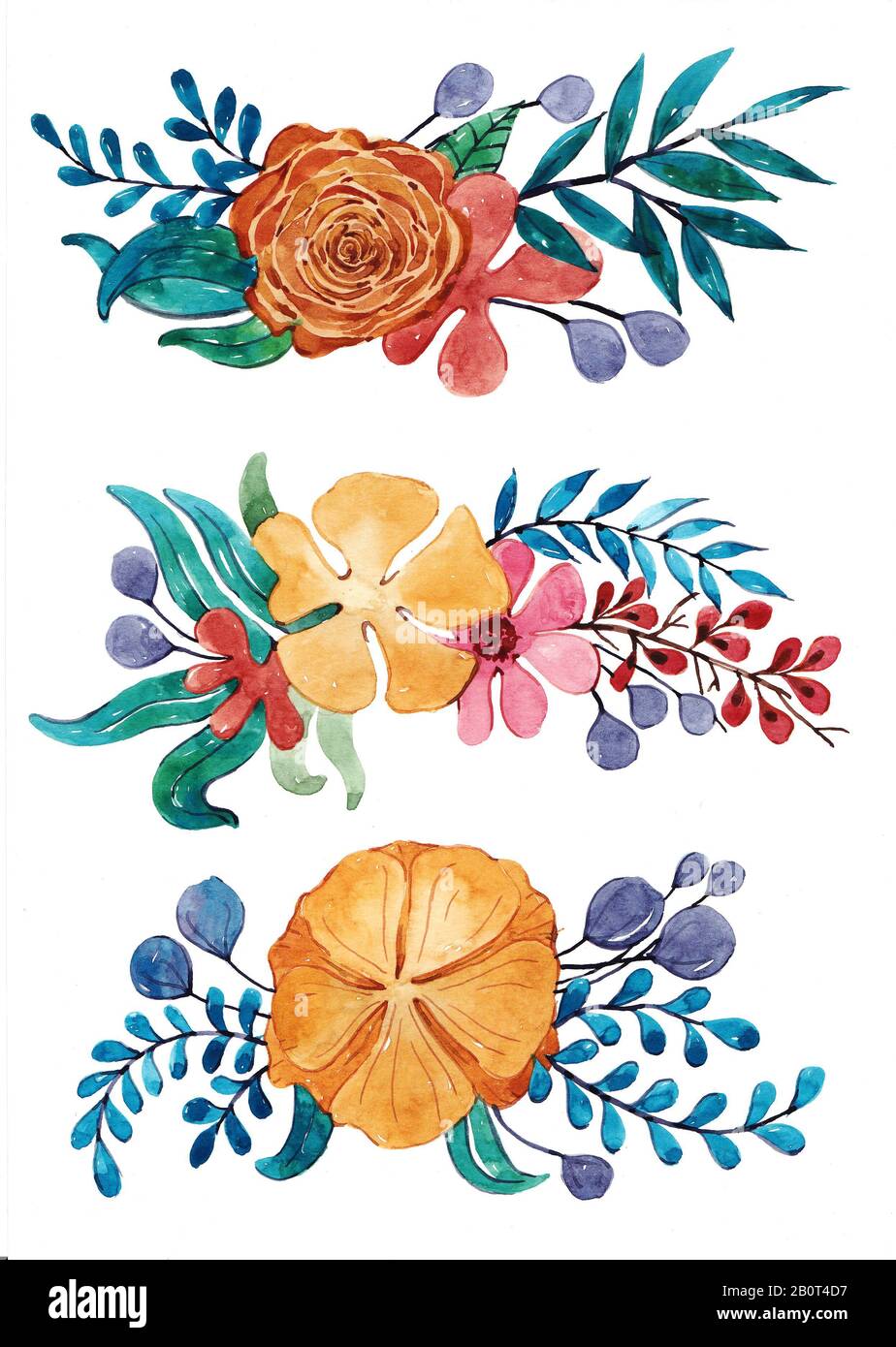 Set of flowers and leaves drawing and painting by water color ...