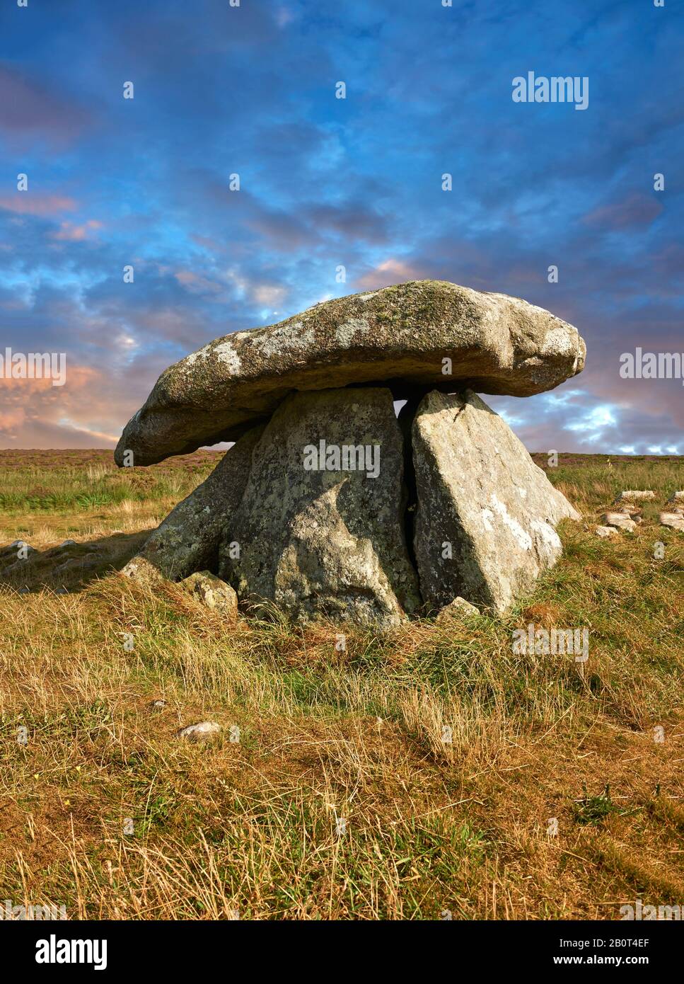 Chun or Chûn, Quoit is a megalithic burial dolmen from the Neolithic period, circa 2400 BC, near Morvah on the Chun Nature Reserve, Penwith peninsula, Stock Photo