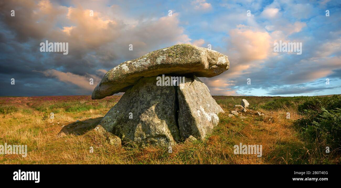 Chun or Chûn, Quoit is a megalithic burial dolmen from the Neolithic period, circa 2400 BC, near Morvah on the Chun Nature Reserve, Penwith peninsula, Stock Photo