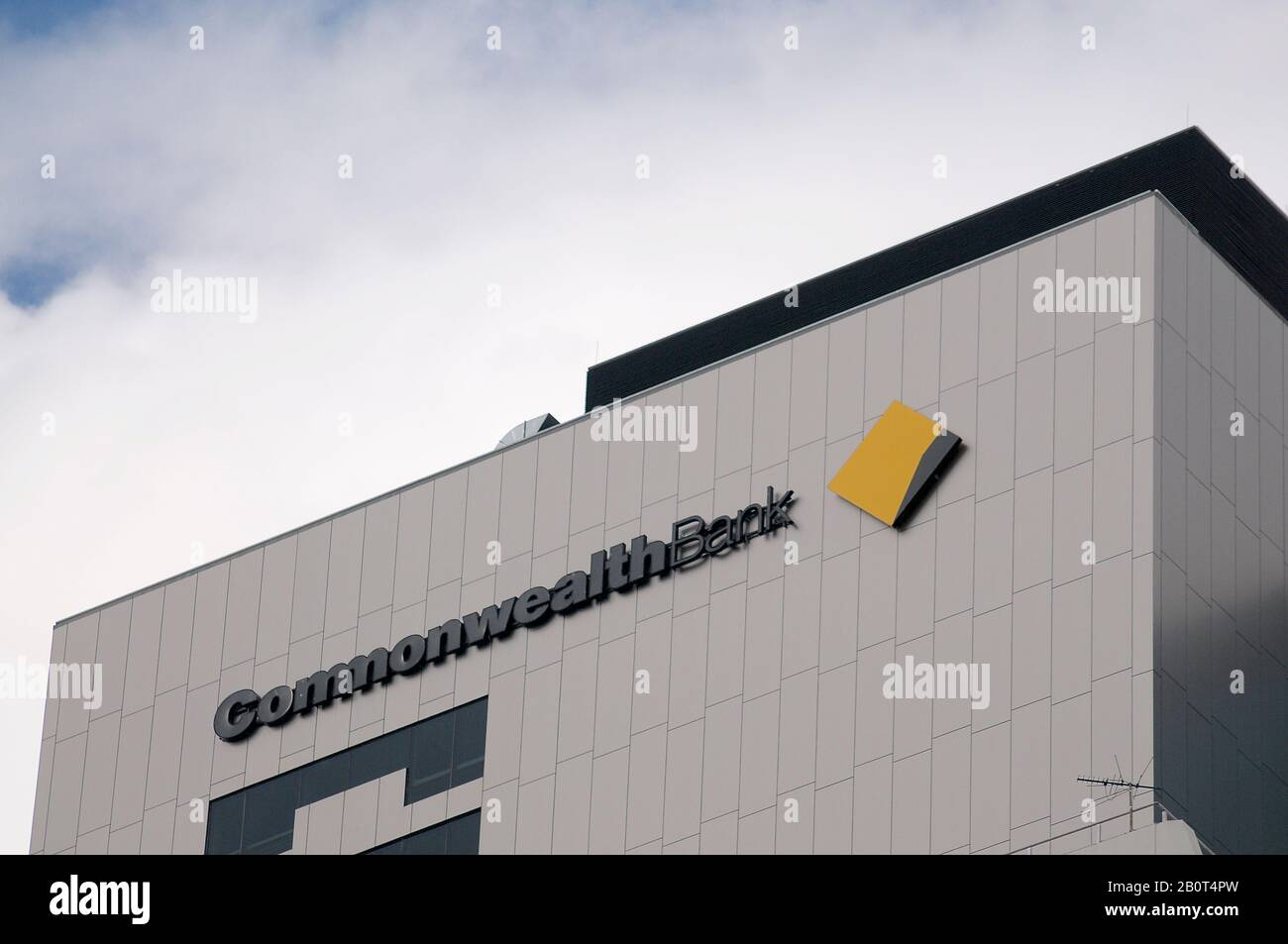 Brisbane, Queensland, Australia - 26th Jan. 2020 : Commonwealth Bank (CBA or Common bank) sign hanging on the top of the head office in Brisbane. Comm Stock Photo