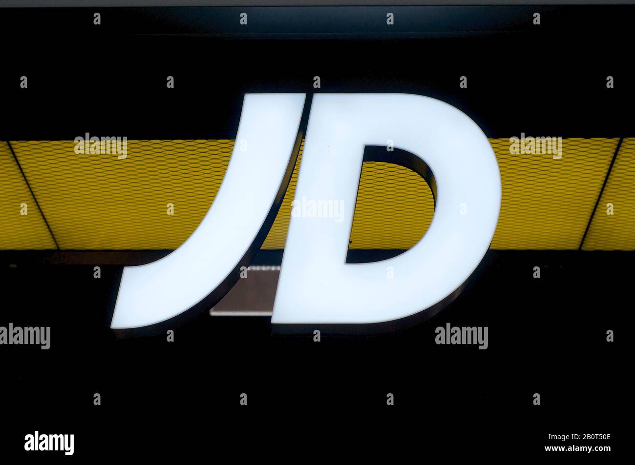 Brisbane, Queensland, Australia - 17th January 2020 : View of an illuminated JD Sports sign hanging at the shop entrance in Brisbane. JD Sports is a s Stock Photo