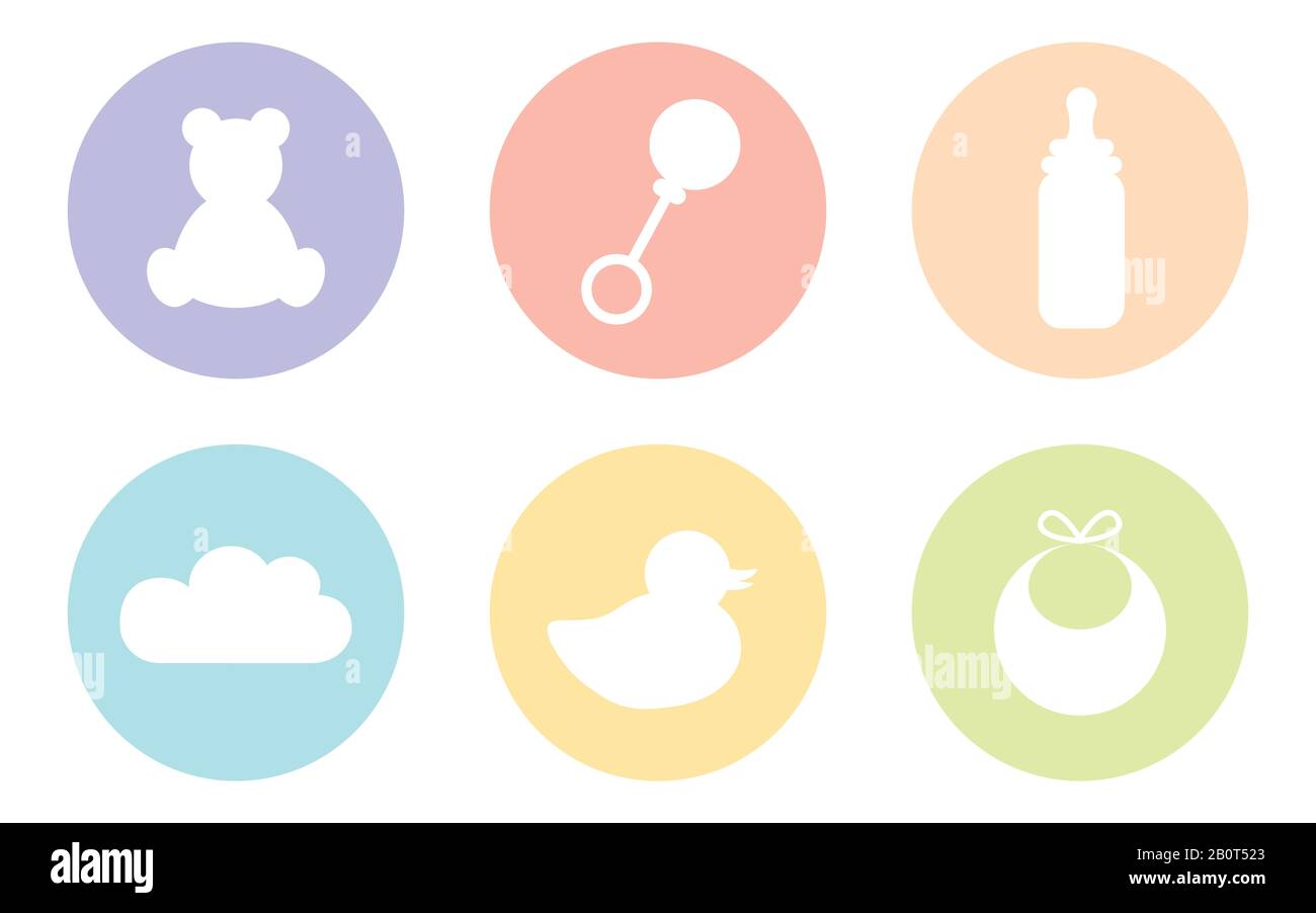 baby symbol icon isolated on white background teddy rattle bottle bib duck and cloud vector illustration EPS10 Stock Vector