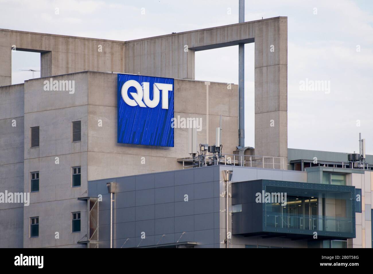 Brisbane, Queensland, Australia - 27th January 2020 : View of the QUT (Queensland University of Technology) sign hanging on the main building in Brisb Stock Photo
