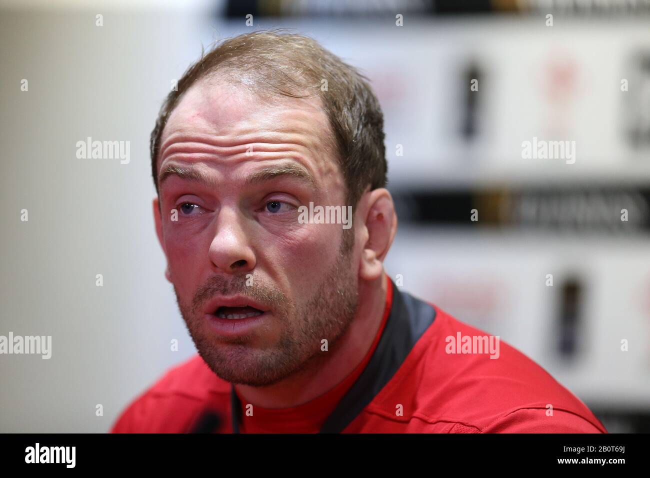 Cardiff, UK. 21st Feb, 2020. Alun Wyn Jones, the Wales rugby team captain speaks to the media . Wales rugby captains run at the Principality Stadium in Cardiff, South Wales on Friday 21st February 2020 the team are preparing for their next Guinness Six nations championship match against France tomorrow. pic by Andrew Orchard/Alamy Live News Stock Photo