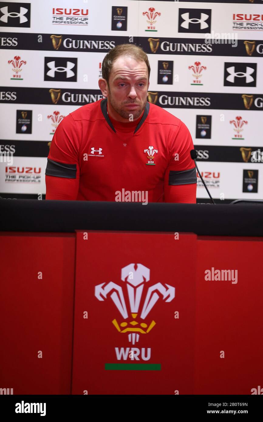 Cardiff, UK. 21st Feb, 2020. Alun Wyn Jones, the Wales rugby team captain speaks to the media . Wales rugby captains run at the Principality Stadium in Cardiff, South Wales on Friday 21st February 2020 the team are preparing for their next Guinness Six nations championship match against France tomorrow. pic by Andrew Orchard/Alamy Live News Stock Photo