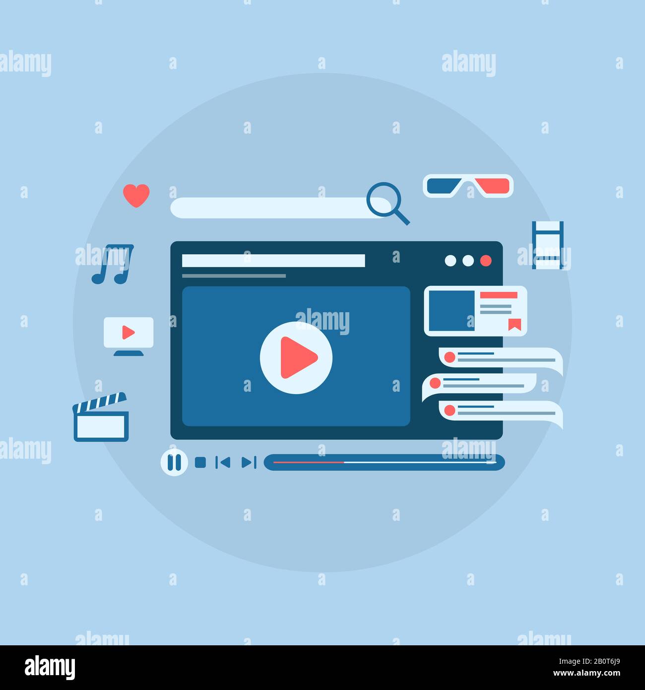 online video streaming concept with video player and icon social media ...