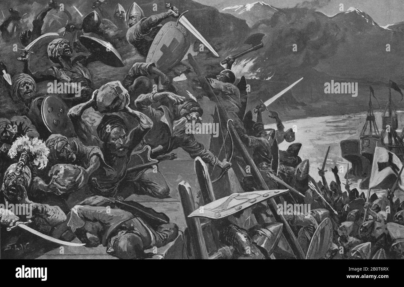 An illustration circa 1914 depicting Crusaders attacking the city of Nicaea modern day Iznik in May 1097.   The Siege of Nicaea took place from May 14 to June 19 1097 during the First Crusade with the assistance of Alexius the first against the forces of Kilij Arslan Sultan of Rum Stock Photo