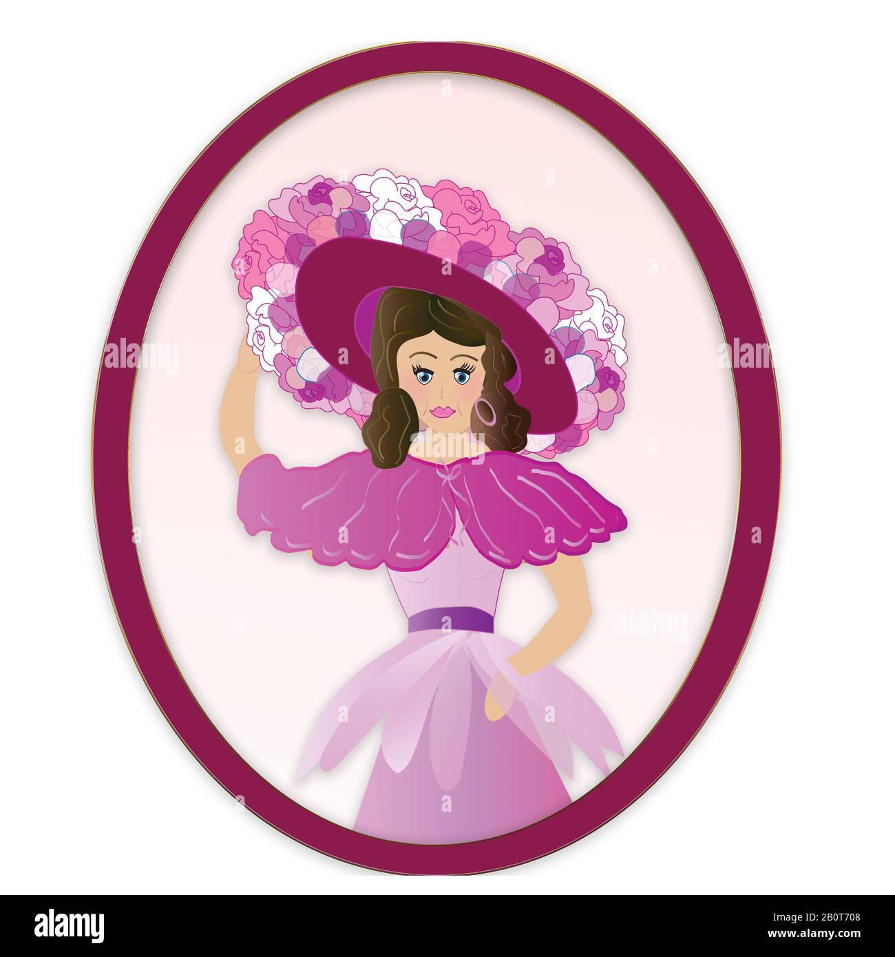 Old fashion/vintage illustration of a woman holding onto her over-sized floral hat within a purple oval border.  Shades of Purple Stock Photo