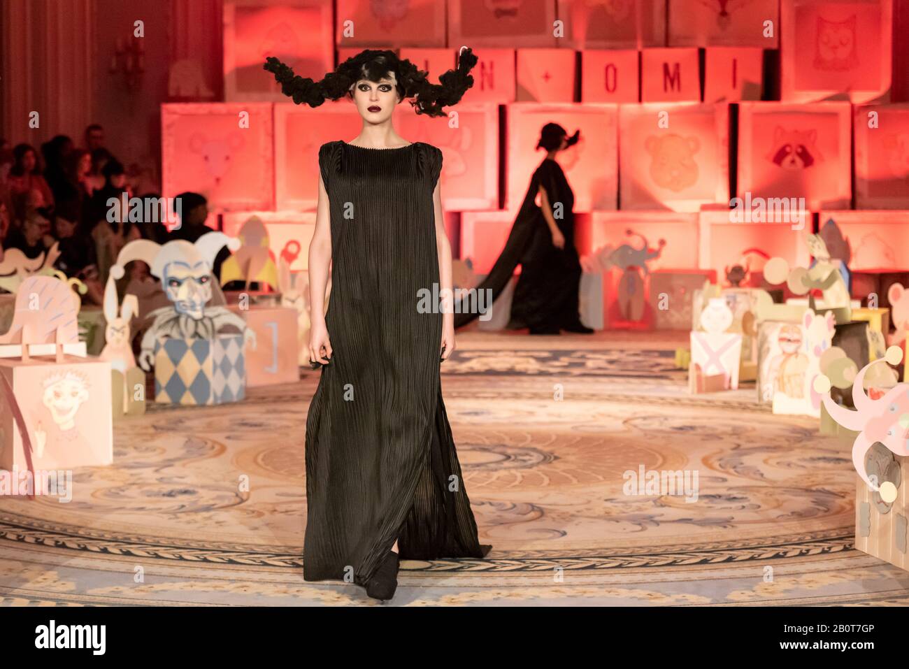 Sombre gothic long dress Vin and Omi London Fashion Week Resist AW20 show. Eco clothing designed from recycled fabric and weeds from Highgrove estate Stock Photo