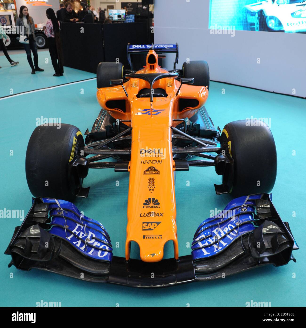 A McLaren MCL35 F1 racing car on display at the London Classic Car Show which opened today in Olympia London, United Kingdom