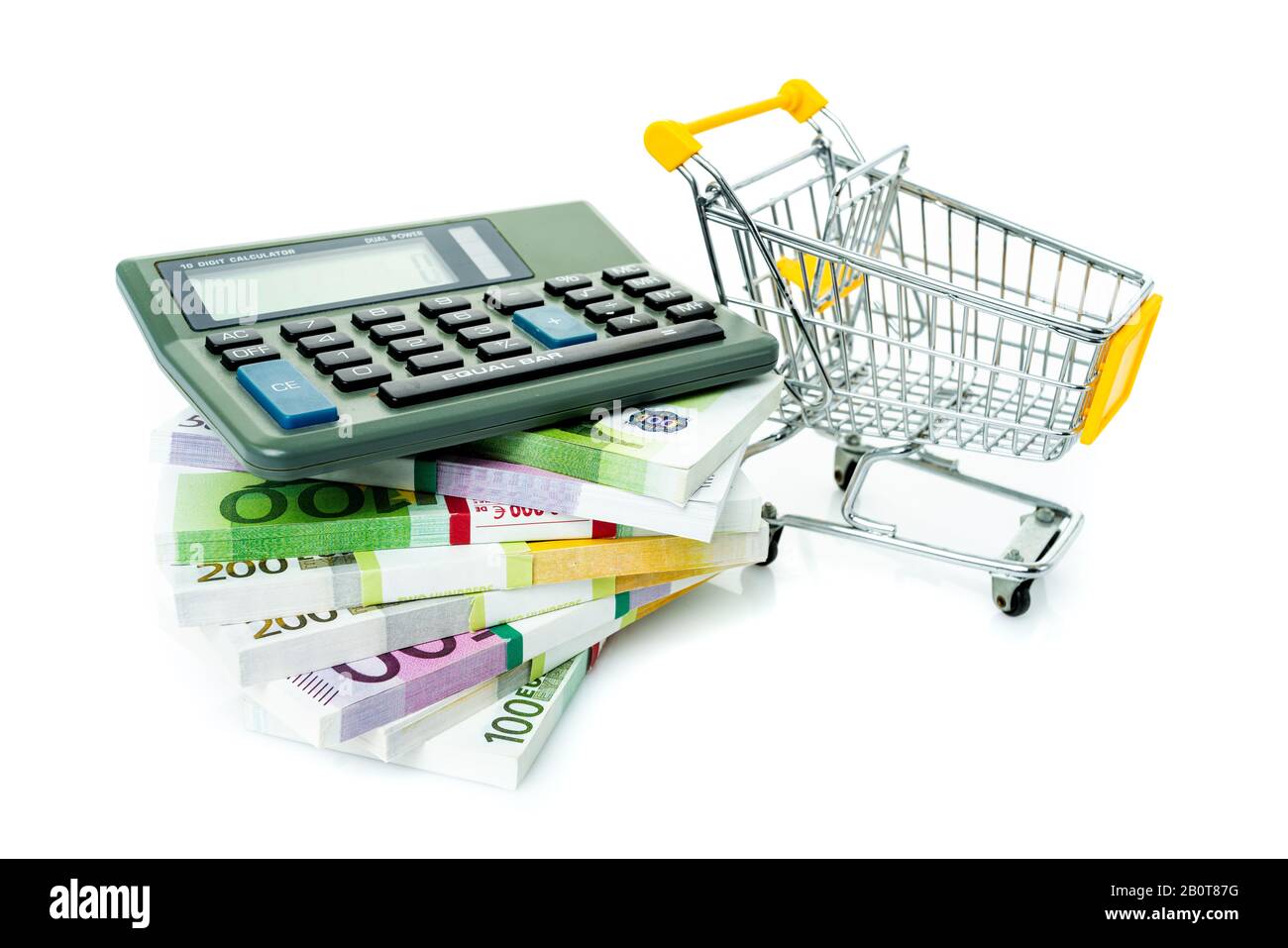 Shopping cart with euro, calculator isolated on white Stock Photo Alamy
