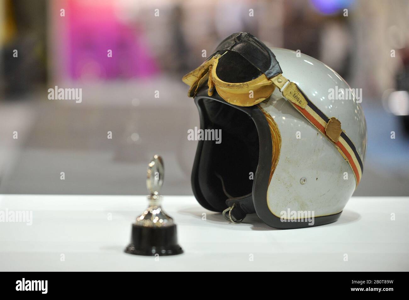 A helmet worn by the New Zealand racing driver Bruce McLaren on