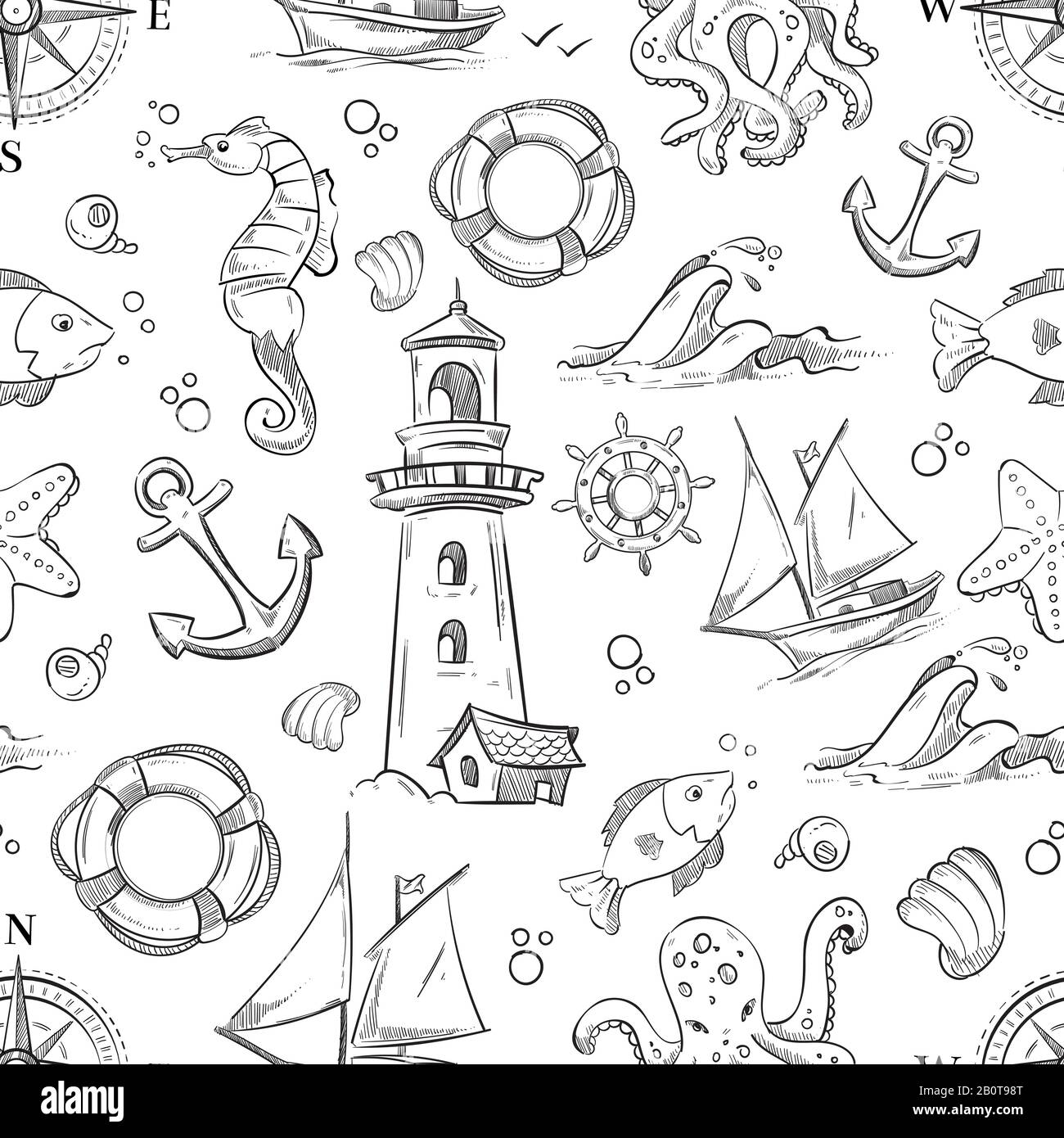 Nautical vector doodle seamless pattern with sea animals, sailboat and  anchor. Sea doodle background, illustration of ocean seamless background  Stock Vector Image & Art - Alamy