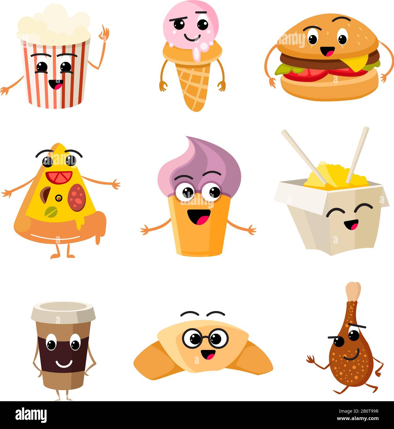 Funny cartoon fast food vector set. Character food burger lunch, illustration of character pizza and cheeseburger Stock Vector