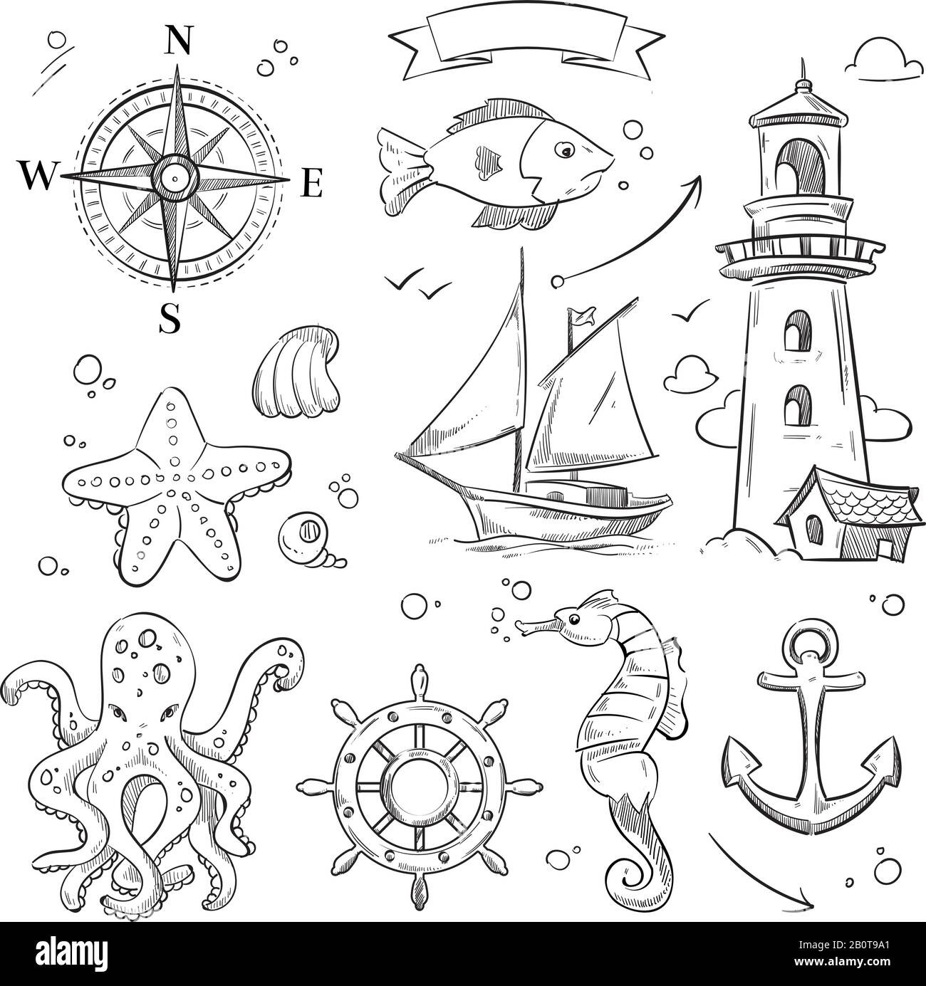 Hand drawn sea, marine objects and ocean animals vector set. Octopus sketch  and illustration of sea fish and lighthouse sketch Stock Vector Image & Art  - Alamy