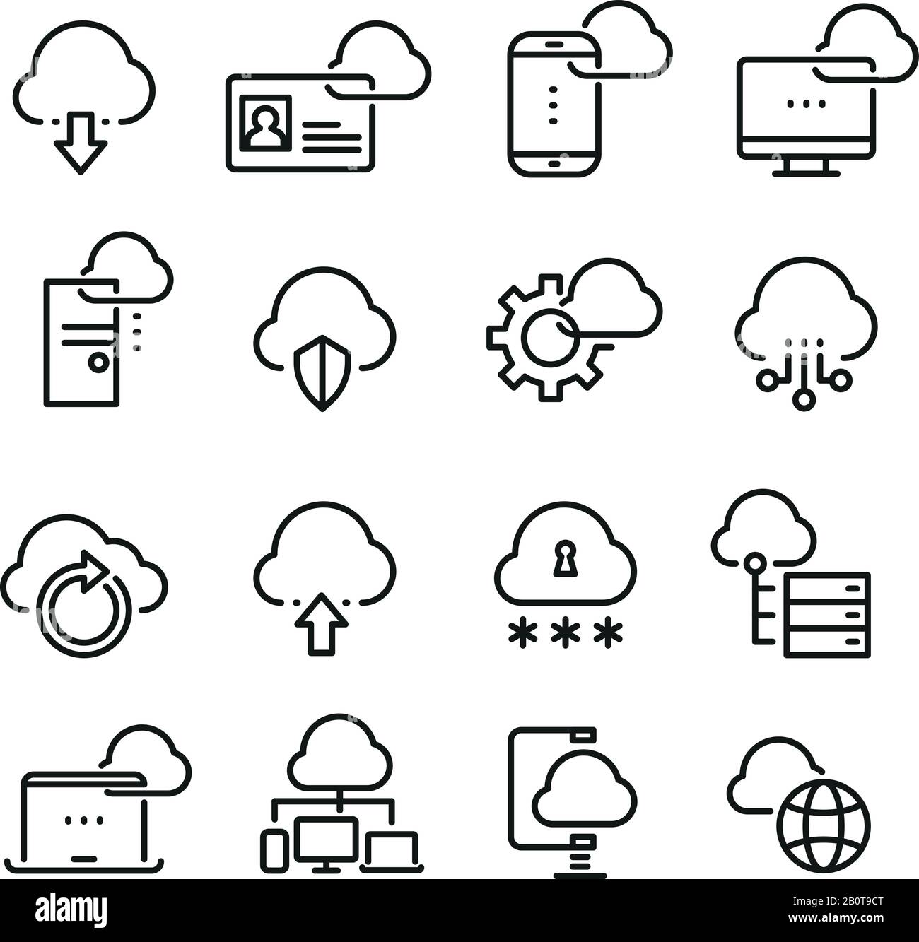 Computer cloud technology, data security, access perfection vector thin line icons. Cloud data on laptop, illustration of virtual data cloud Stock Vector