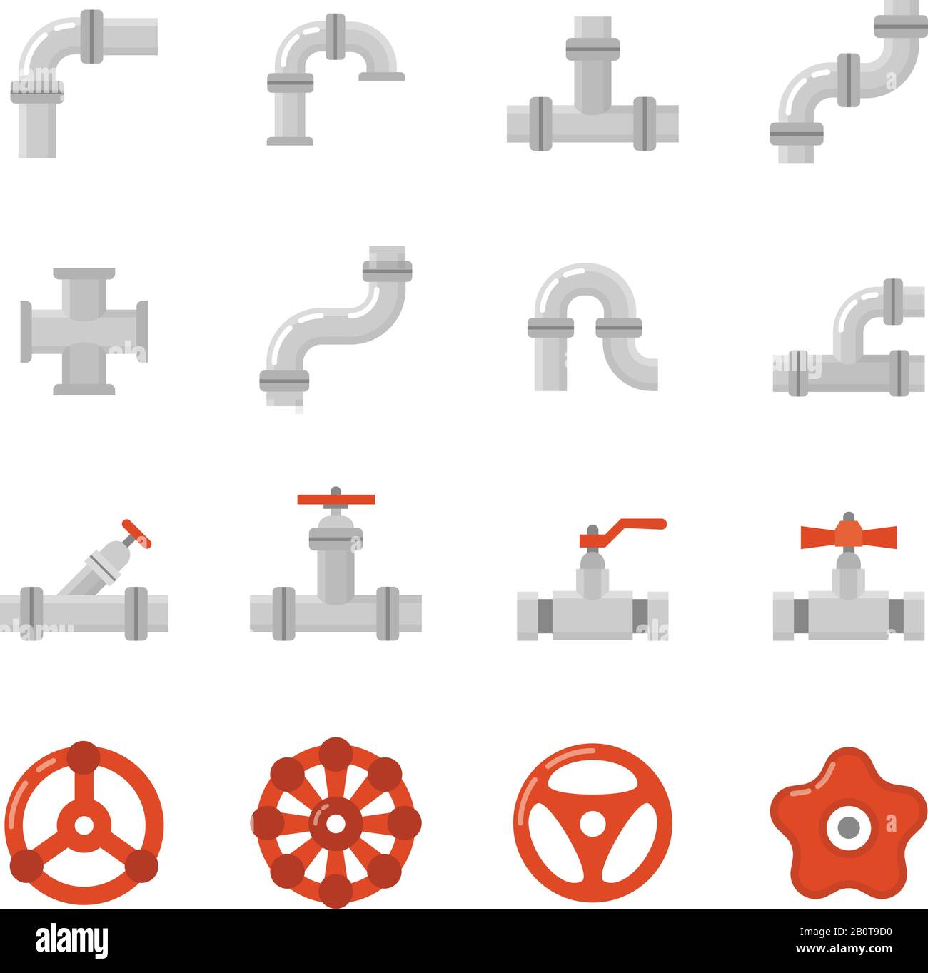 Pipe connector, water pipe fitting flat vector icons for plumbing and piping work. Set of tube construction with valve, illustration of steel tube Stock Vector
