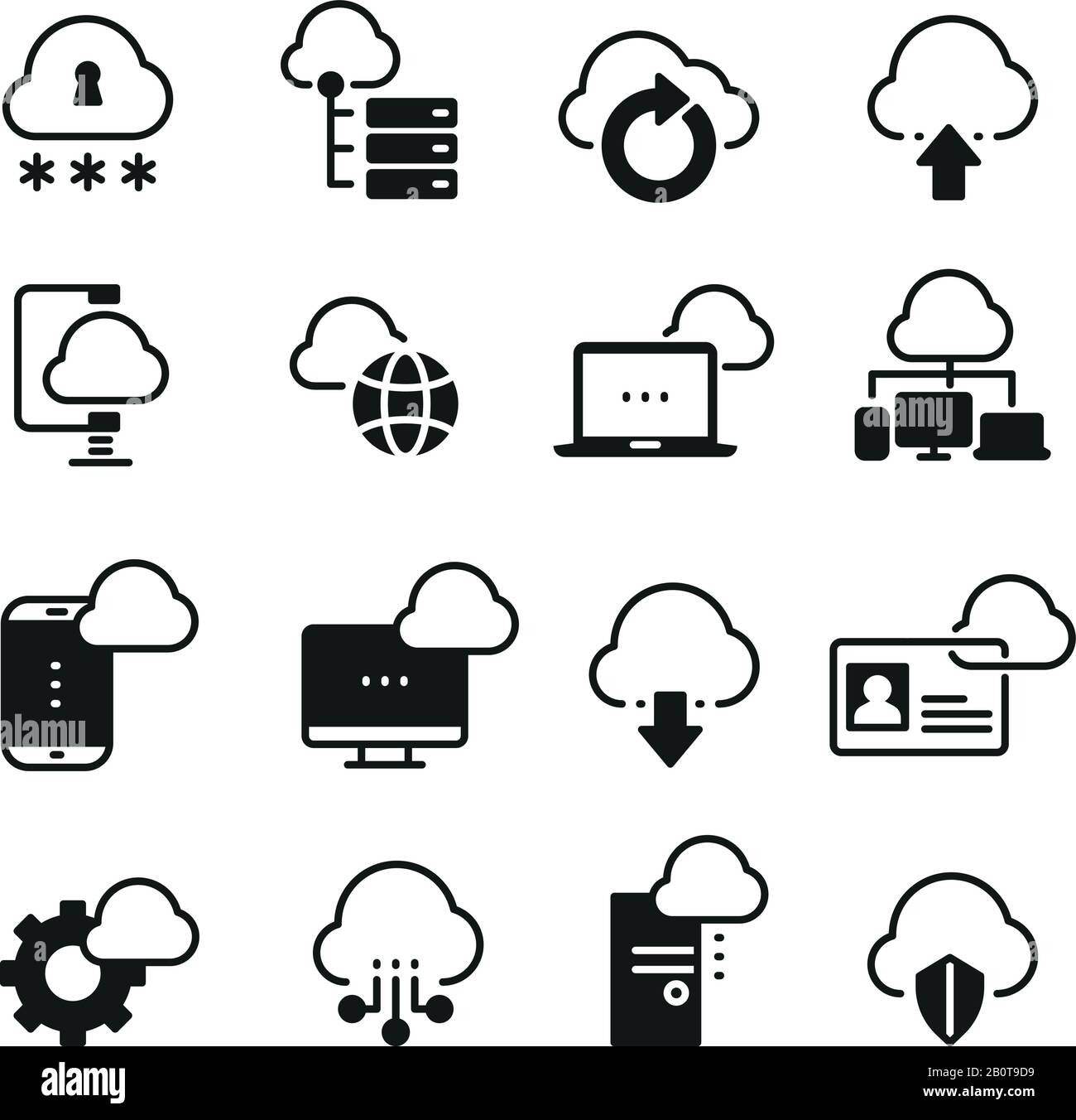 Internet cloud computing vector icon set. Download database from cloud, illustration of network cloud protection Stock Vector