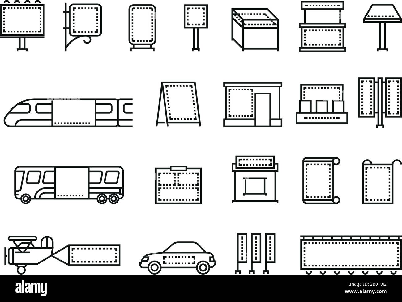 Outdoor advertising banners and transport advertise vector line icons. Advertisement billboard on transport, illustration of place for advertising Stock Vector