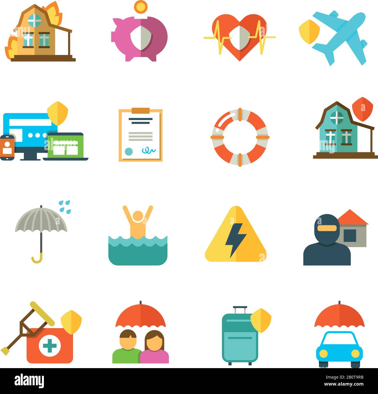 Long life insurance vector flat icons. Family money protection symbols. Insurance travel and family, illustration of insurance baggage Stock Vector
