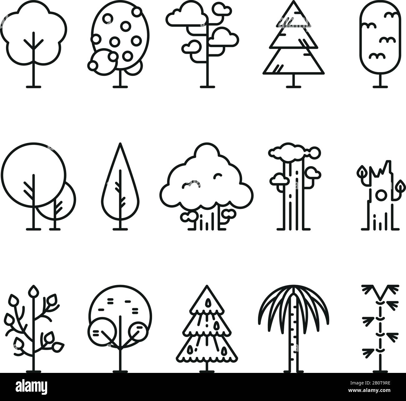 Primitive simple contour line trees. Nature plants symbols. Linear tree plant, illustration of natural linear forest tree Stock Vector