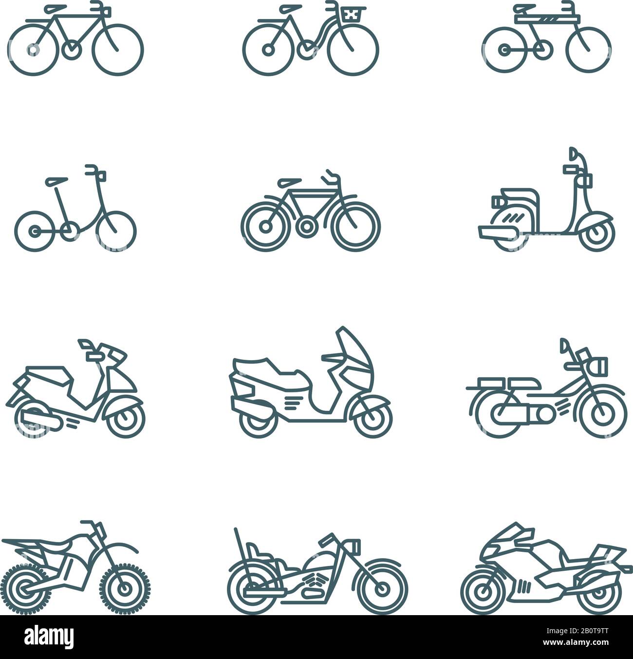 Motorbike, motorcycle, scooter, bike, bicycle thin line vector icons. Linear motorbike and bicycle, illustration of scooter and motor bike Stock Vector