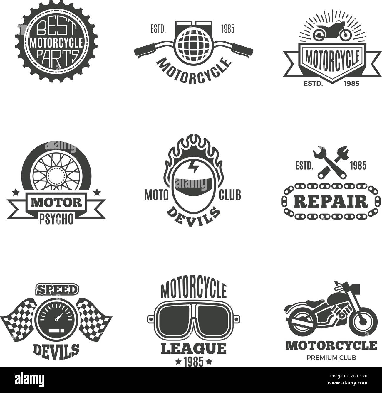 Race, motorcycle, motorbike repair vector retro labels, logo, badges and emblems. Motorbike service badge, illustration of label with motorbike Stock Vector