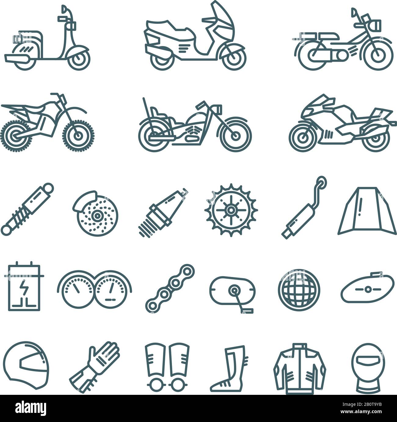 Motorcycle, auto parts and motorbike accessories vector line icons. Motorbike linear design, illustration of part for motorbile Stock Vector