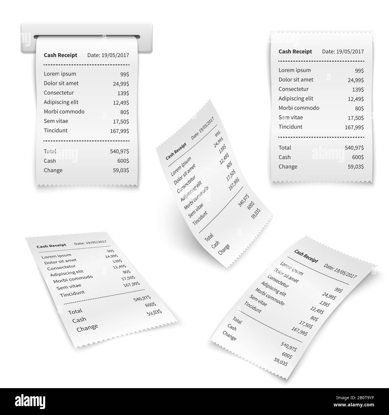 Cash shopping receipt, financial papers isolated vector set. Paper receipt and illustration of finance receipt order Stock Vector