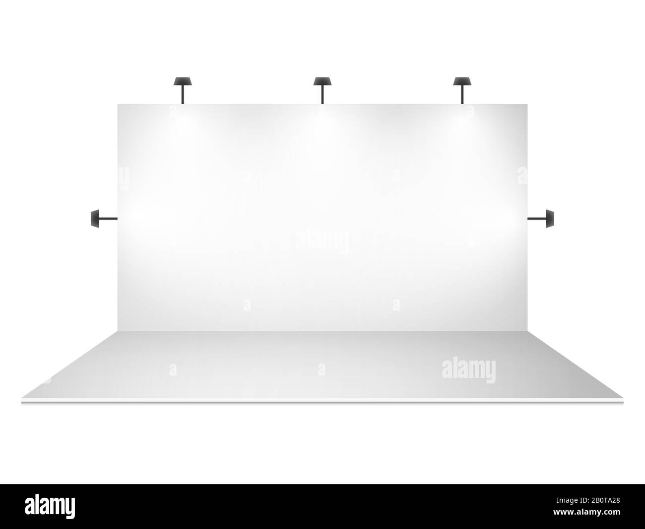 Blank white trade show booth with lighting. Presentation display mockup vector illustration Stock Vector