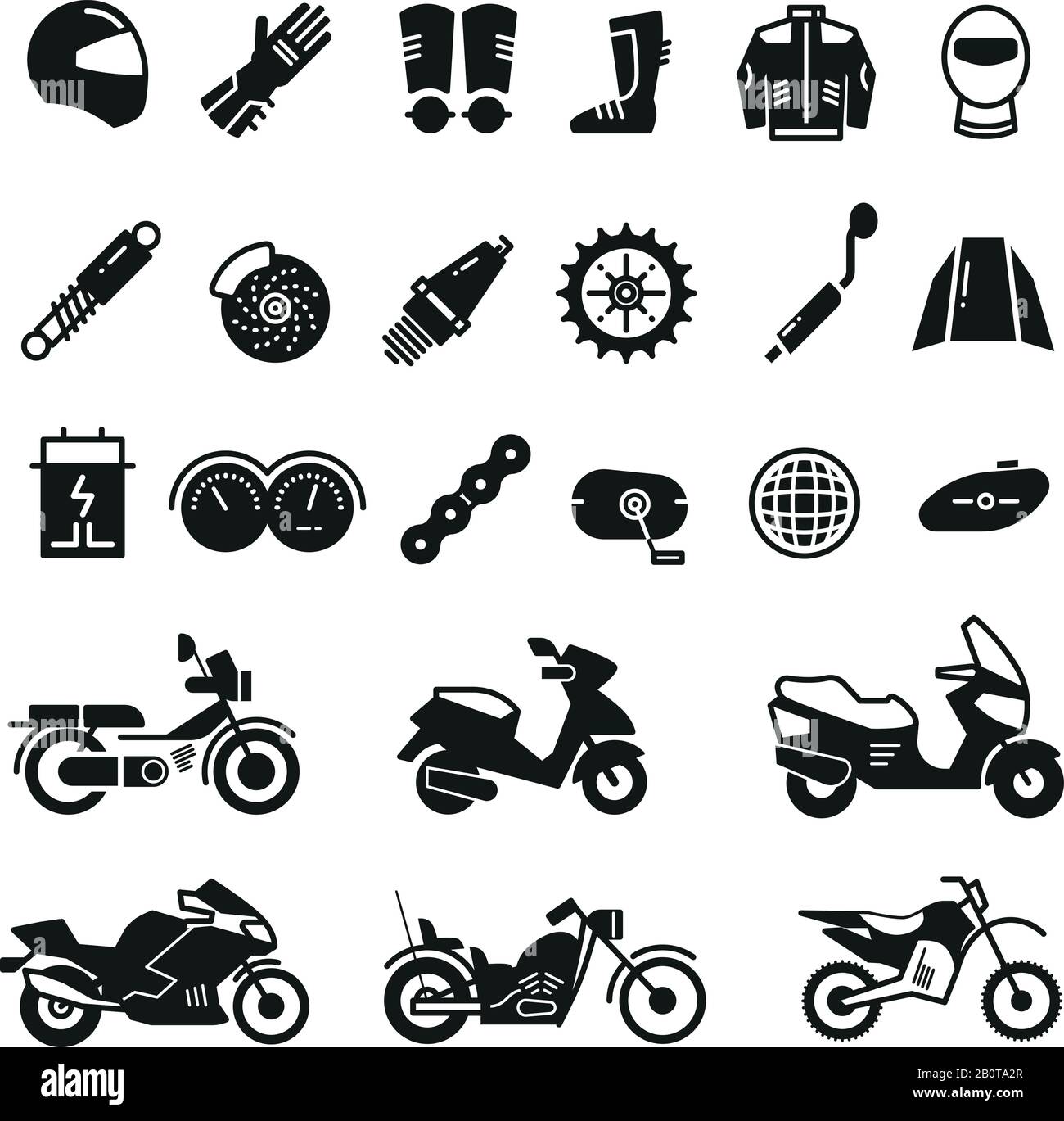 Racing motorcycle, motorbike parts and transportation vector icons. Black silhouette motorcycle, illustration of parts for motorcycle Stock Vector