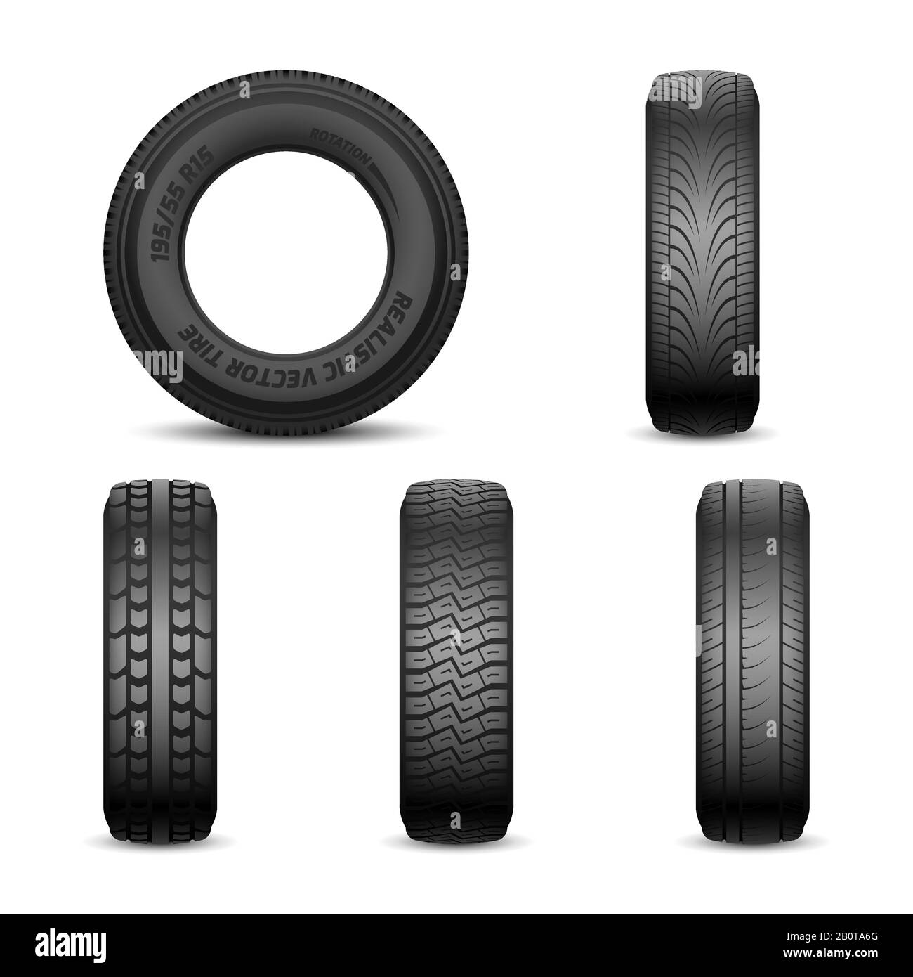 Realistic vector tires with different tread marks Auto black rubber tyre, illustration of car tyre for wheel Stock Vector