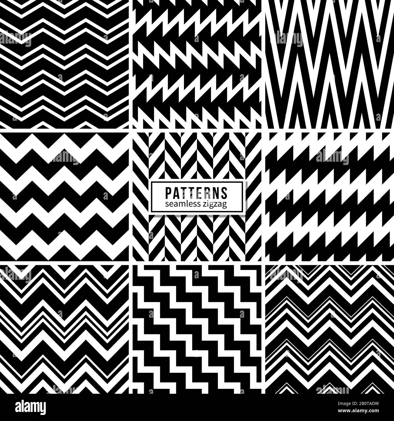 Zigzag vector patterns. Black and white regular striped geometric textures. Zig zag structure style white black, fashion set of zigzag pattern illustration Stock Vector