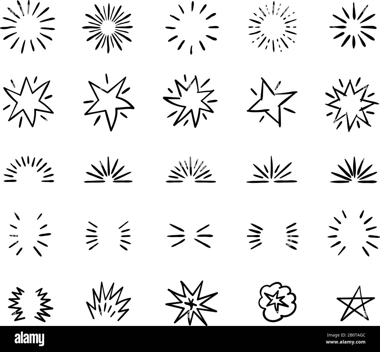 Elegant ink brush circle bursts and whimsical borders. Hand drawn bursting vector decoration. Starburst badge icon, illustration of star burst linear of set Stock Vector