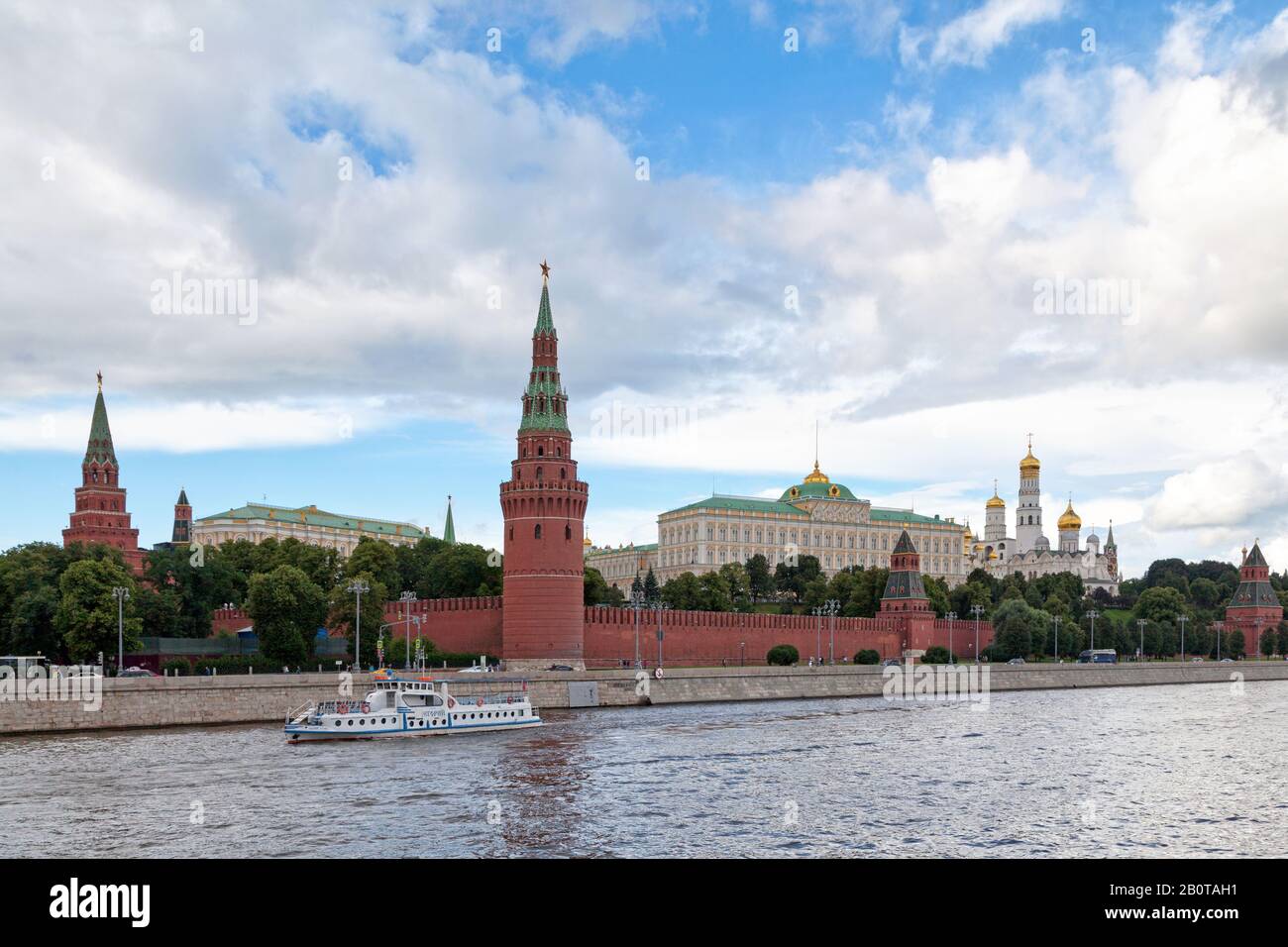 Moscow, Russia - July 08 2018: The Kremlin Wall with the Ivan the Great Bell-Tower, the Cathedral of the Archangel, the Cathedral of the Annunciation Stock Photo